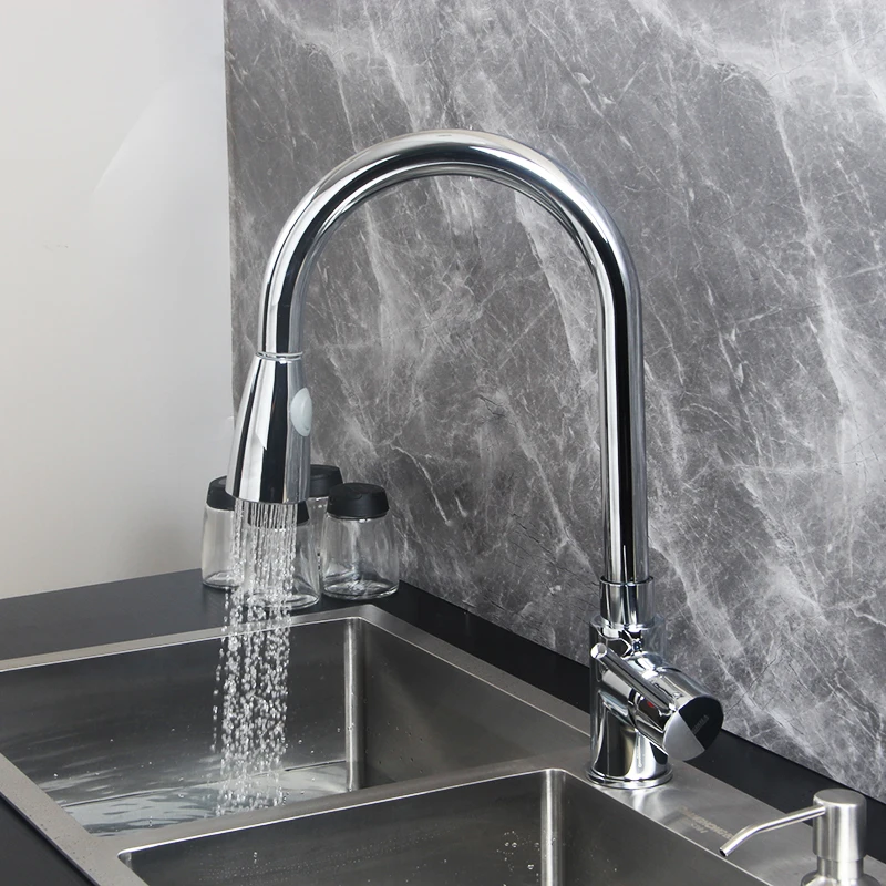 Gisha Single Handle Kitchen Faucet Pull Out Chrome Brass Kitchen Tap Cold and Hot Water Sink Mixer Taps G2003