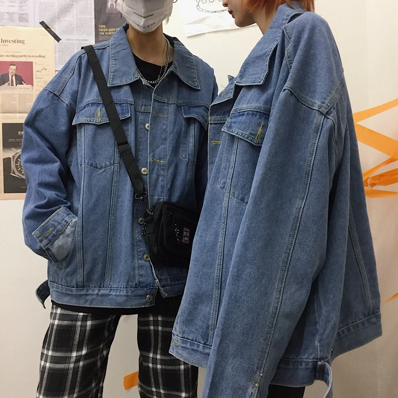 Fox mr. осень Ulzzang Harajuku BF Стиль уличное винтажное джинсовое пальто свободный крой Классические Куртки для пар мужские
