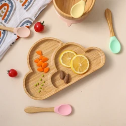 Baby Natural Bamboo Bowl Spoon Set Cartoon Clouds Divided Dinner Plate Infants Learning Feeding Dish Newborn Children