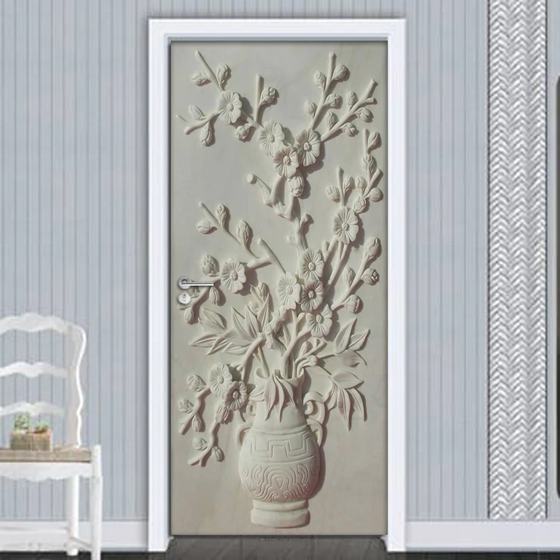 3D Relief Flowers Vase Door Decoration Stickers Mural PVC Waterproof Self-adhesive Study Room Bedroom Door Sticker Wall Paper