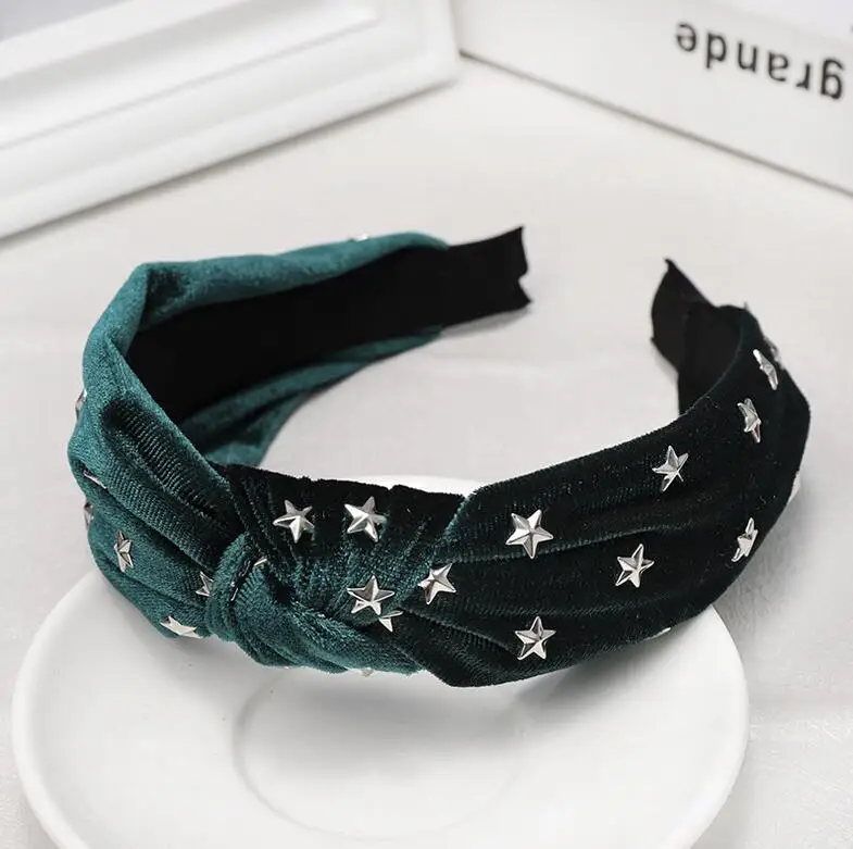 Новая мода фланелевая повязка на голову блестящая Звезда Hairband мягкий Средний обруч с бантиком Женская дикая Повседневная тюрбан Украшения для волос оптом - Цвет: dark green hairband