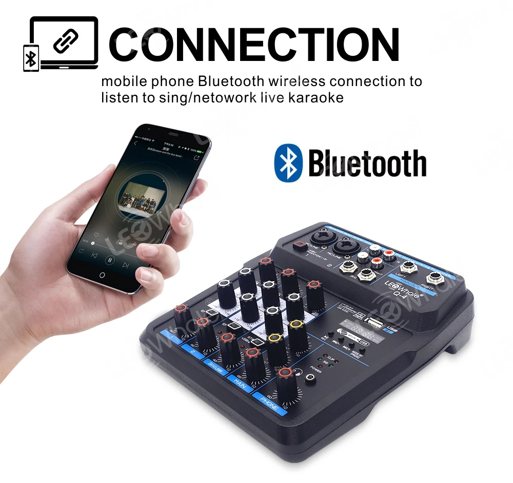 Console de Mistura de Áudio com Bluetooth Monitor para pc Leoshort Phantom Power in Ear Gravação Guitarra Som dj Usb 48v - Image 4