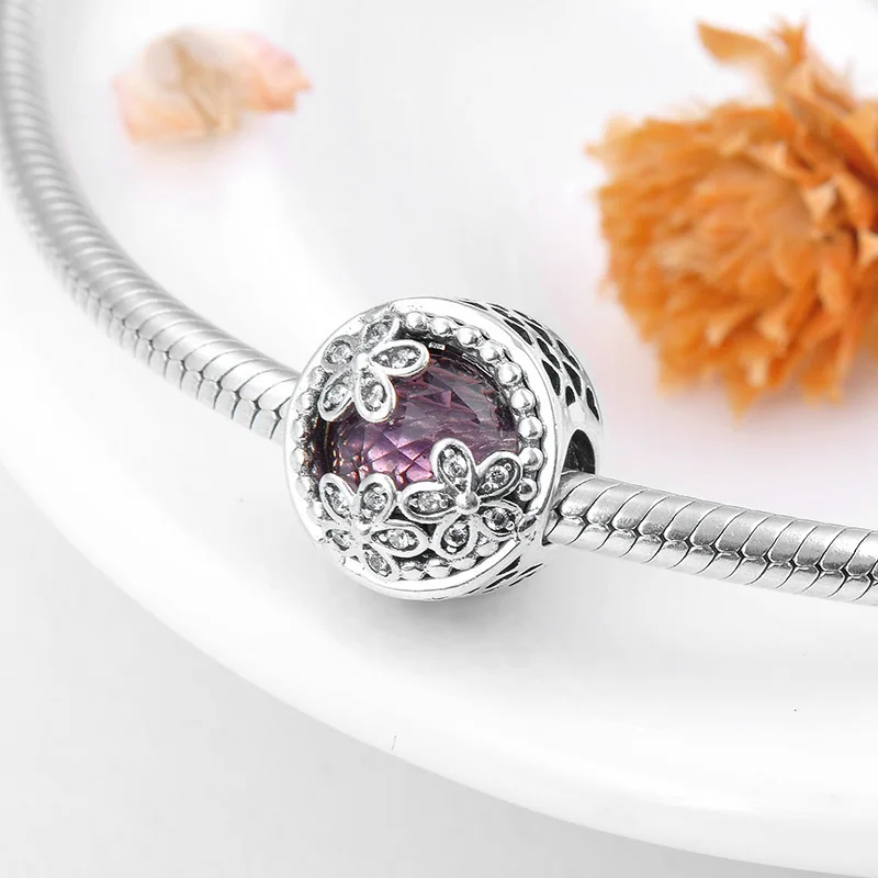 Модные 925 пробы Серебряное пустое сердце с изображением трех цветов, фиолетовый CZ Бусины Подходят браслет подвес Пандора ювелирных изделий
