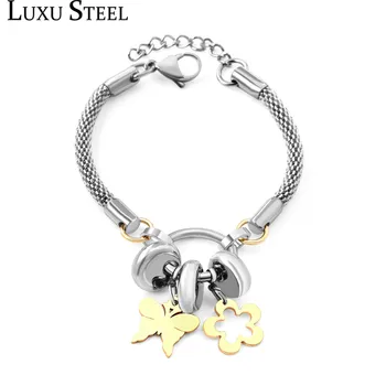 

LUXUSTEEL Bohemia Jewelry Adjustable Silver Bracelets Bangles Stainless Steel Gold Butterfly and Flower Pendants bracelet femme