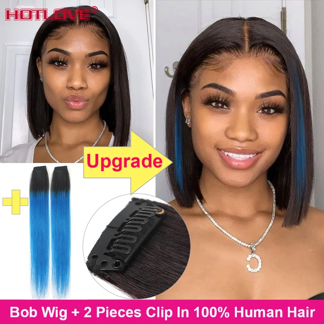 Short Bob Wig Bone Straight Human Hair Wigs for Black Women Pre-Plucked 5x5x1 Closure Wig Brazilian Hair Lace Wigs 150% Denisty Bob add 2Clips Blue