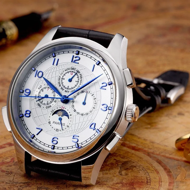 

Parnis 44mm White Dial Men's Watches Moon Phase SS Case Black Multifunction Leather Strap Automatic Movement Mens Watch 2019 Man