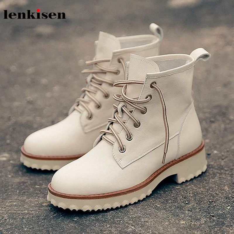 

Lenkisen leisure simple style genuine leather boots round toe med heels lace up solid campus winter keep women ankle boots L10