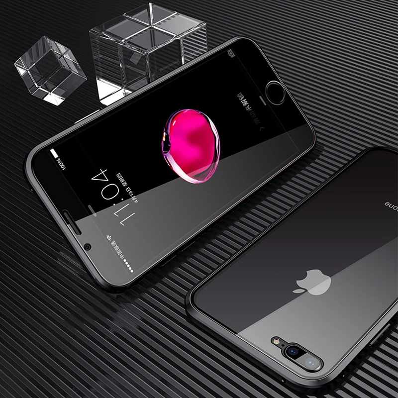 Black 360 магнитный металлический чехол для телефона iphone 7, 8, 6, 6S Plus, двусторонний чехол для iphone X, XR, XS, 11 Pro MAX, чехол-книжка из закаленного стекла - Цвет: Black