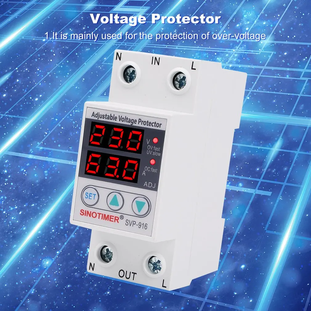 SINOTIMER SVP-916 230V 40A/63A Регулируемый автоматическое восстановление под/над Напряжение протектор релейный выключатель защитное устройство с светодиодный