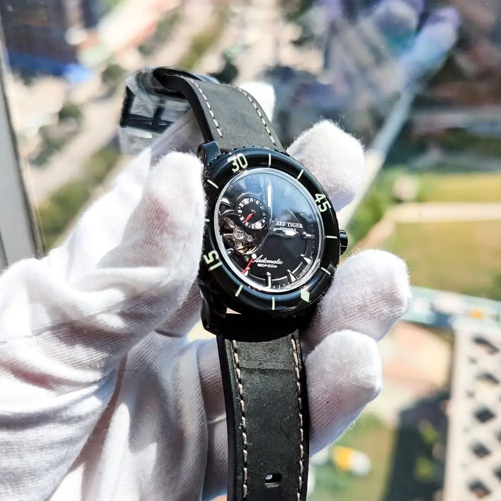 Часы Reef Tiger/RT черные автоматические водонепроницаемые 200 м с нейлоновым ремешком