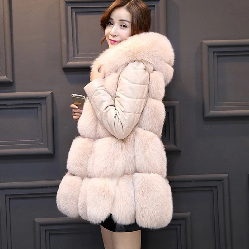Women Winter Overcoat Outwear PU Leather Removable Sleeves Faux Fur Coat With Hooded Thick Warm Faux Fox Fur Jacket