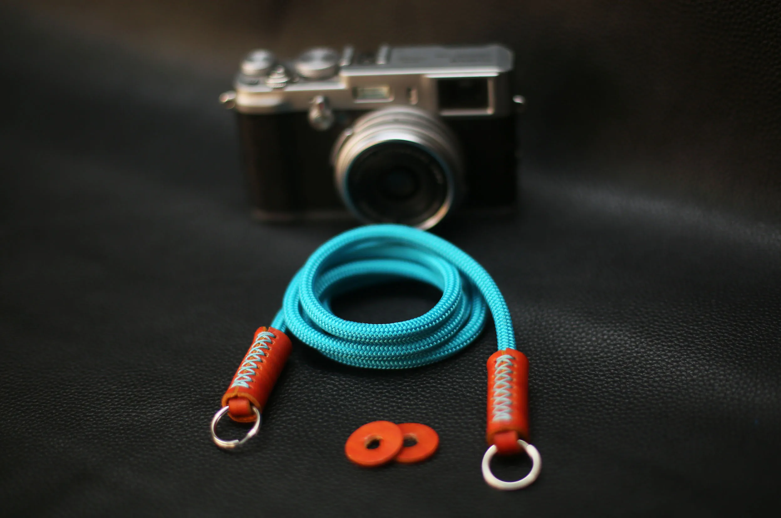 Peacock blue 6mm climbing rope brown leather handmade camera neck shoulder strap