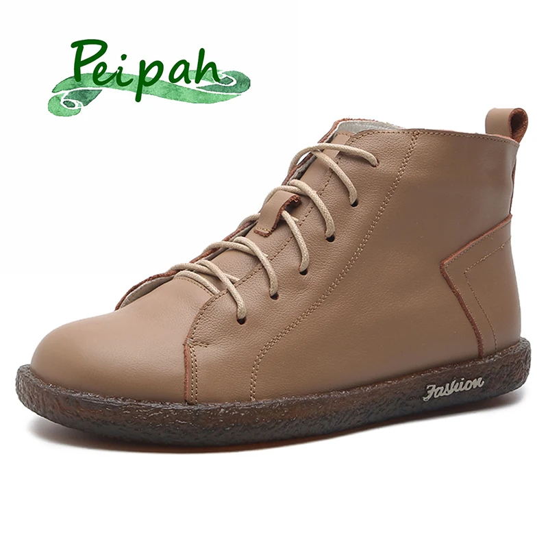 PEIPAH Women's Genuine Leather Shoes Woman Winter Boots Female Rubber Ankle Boots Flat With Fur Lace-Up Shoes Botines Mujer