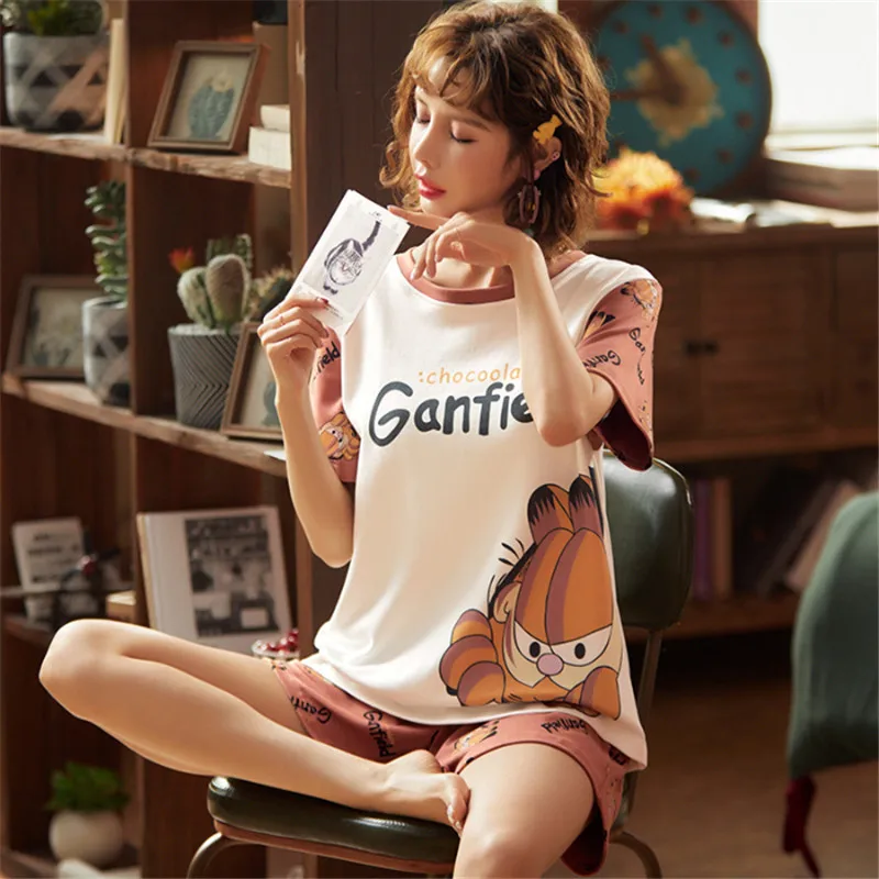 

New Arrivals Knitted Cotton Summer Short Sleeved Plus Size M-2XL Women Pajamas Set Pyjamas Women Sleepwear Cute Cartoon Pijamas