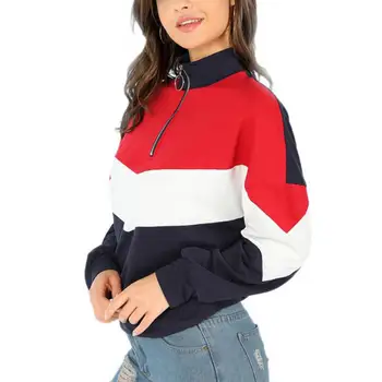 

Fashion Patchwork Long Sleeve Sweatshirt Women Multicolor Zipper Stand Collar No Hoodies Loose Pullover Street Wear
