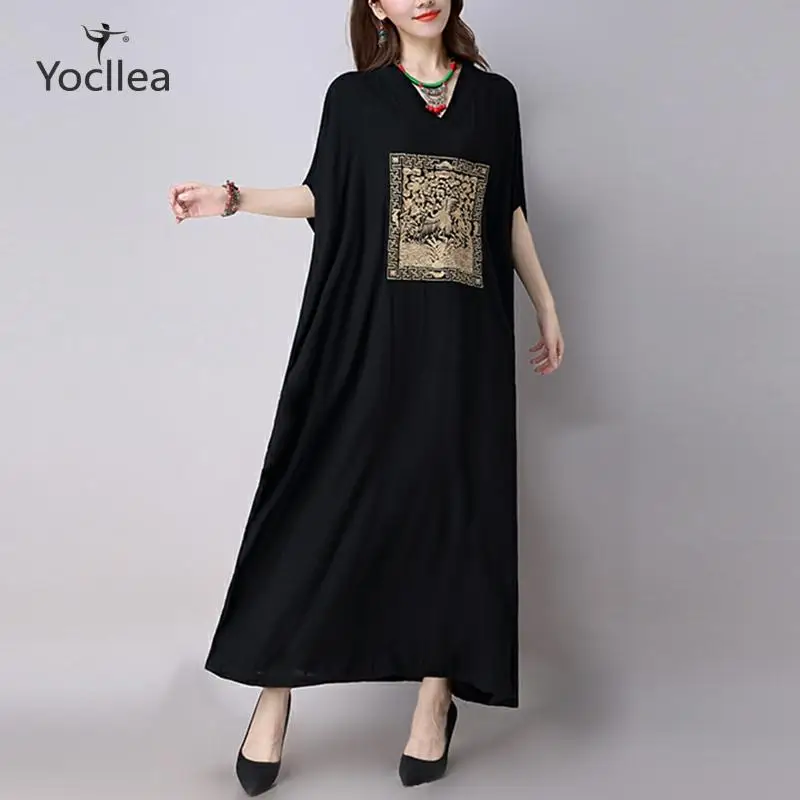 

New Embroidery Black Women Dress Robes Loose Casual boho style Beach Dresses Sundress Lady V-neck Plus size Clothing female