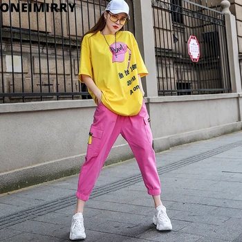 

Plus Size M-XXL Women 2 Piece Set 2020 Summer Casual Sweatsuits Outfits Yellow Tops and Pink Pants Boyfriend Harajuku Suit setss
