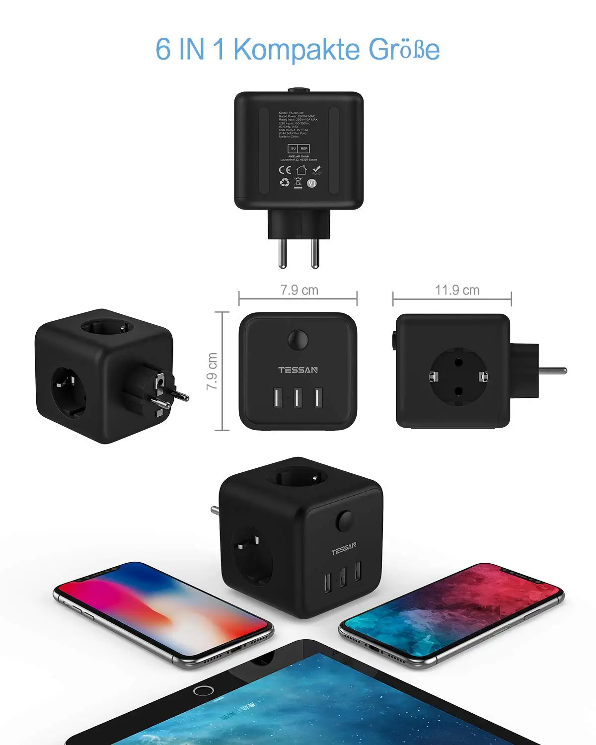 H9fa968dbf32d44bcb955c194b1c39754v TESSAN Black Cube USB Socket Power Strip with Switch, 3-Way Outlets (2500W / 10A) and 3 USB Ports, 1.5M Cable for Home, Office