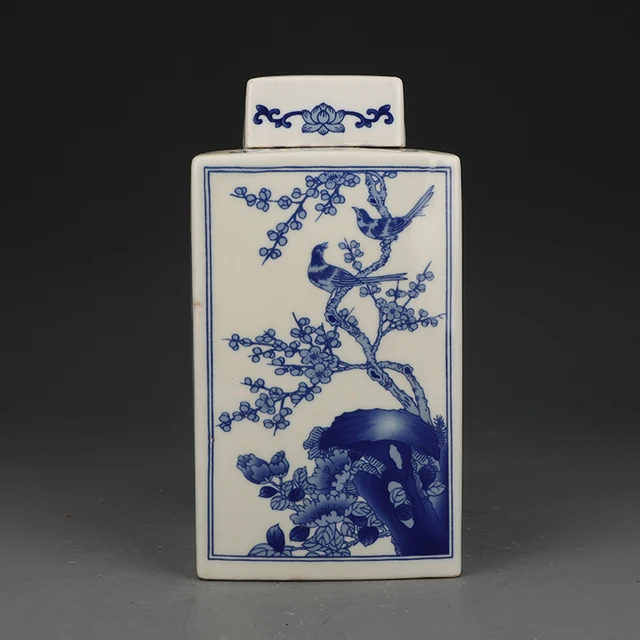 Kangxi Blue And White Flowers And Birds Square Jar Antique Ceramic Collection Ornaments 3