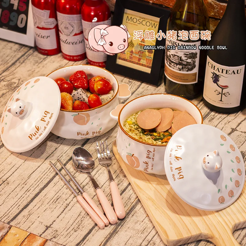 HQ creative ceramic bowl lovely large Ramen instant noodles cup lunch box Japanese tableware with spoon chopsticks and fork