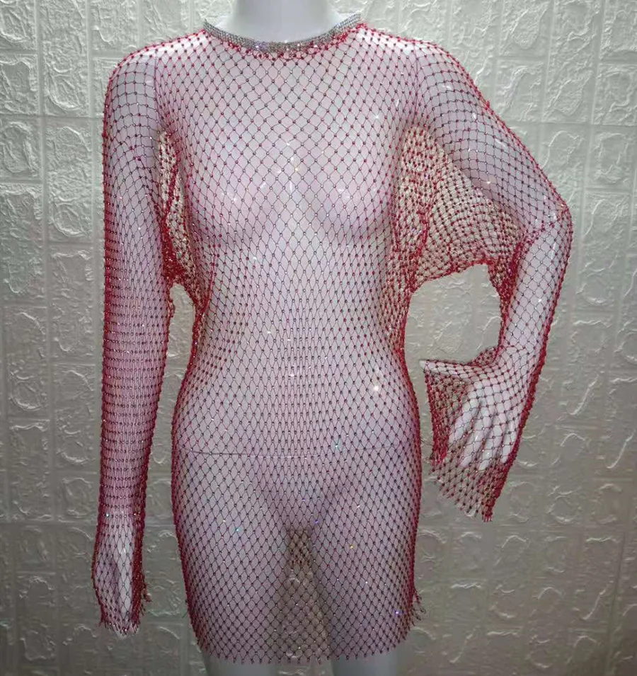 VIKINII Long Sleeve Hollow Summer Beach Crystal Dress 2020 Sexy Women Cover Ups Rhinestone Dresses Gold Beach Female Cover Ups