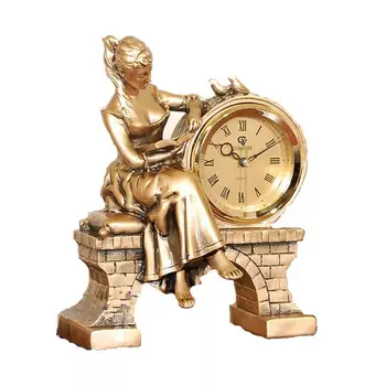 

Free Shipping Vintage Figurine Resin Crafts Desktop Clock Reading Beauty Statue European Home Decor Statue Clock