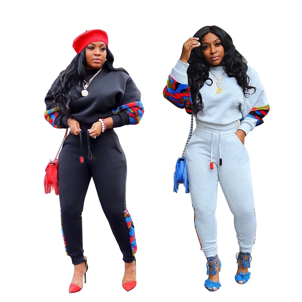 

New Winter Women Tracksuit O Neck Long Sleeve Top Pants Patchwork Print Suit Casual Fashion Two Piece Suit Fitness Outfits Y5144