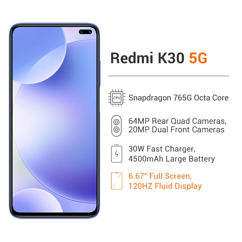 Мобильный телефон Xiaomi Redmi K30 5G 8 Гб 128 ГБ, Восьмиядерный процессор Snapdragon 765G, 6,67 дюйма, 120 Гц, жидкий дисплей, 64 мп, четыре камеры, аккумулятор 4500 мАч