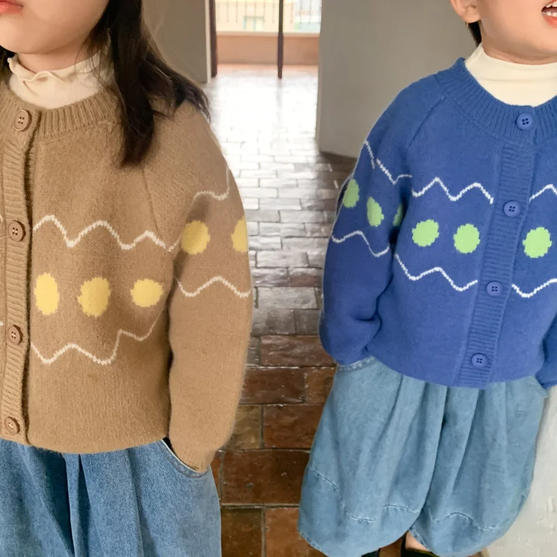2-7T Children Polka Dot Sweater Fashion Long Sleeve Sweaters For Boys And Girls Soft Loose Casual Knitted Cardigans