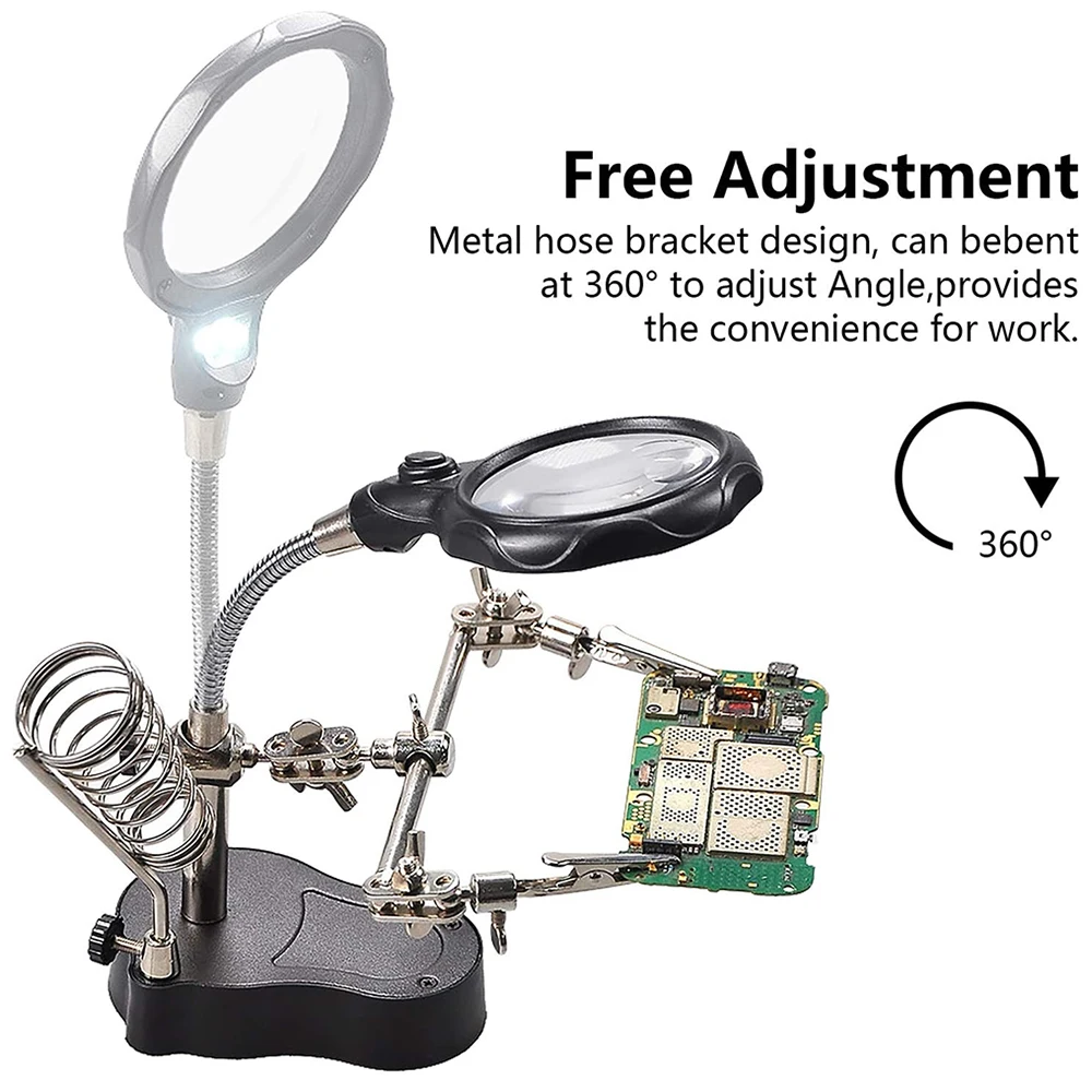 Soldering Iron Welding Magnifying Glass 2 LED 3X 4.5X 25X Helping Hand Rework Magnifier with 3 Tools Boxes Desk Station Repair
