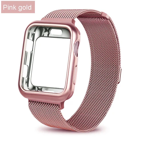 pink gold Чехол+ ремешок для наручных часов Apple Watch, версии 4 44 мм наручных часов iwatch, ремешок 42 мм, 38/40 мм, ремешок для часов, Миланская петля, браслет ремешок для часов аксессуары серии 4 3 2 - Цвет ремешка: pink gold