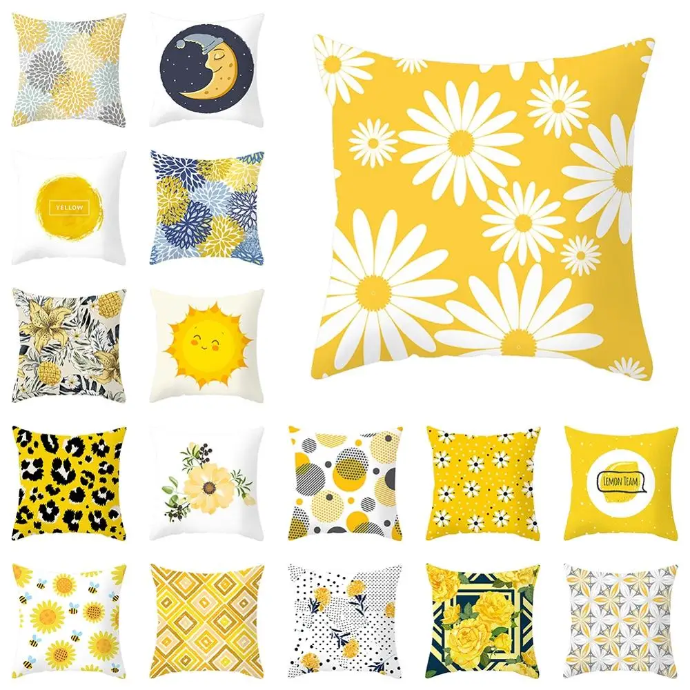 

18" Nordic Geometric Pillow Case Yellow Small Fresh Floral Sofa Seat Living Room Soft Cushion Cover Home Decorative Pillowcase