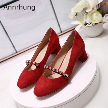 

Unique Med Hoof Heel Mary Janes Round Toes Crystal Rhinestone Star Buckle Belt Luxury Suede Party Shoes Chic Women Pumps