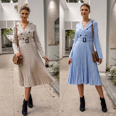 

2020 new Vintage pleated belt plaid dress women Elegant office ladies blazer dresses Long sleeve female autumn midi party dress