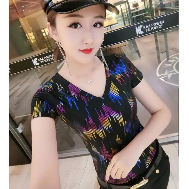 

V-neck gilded printed women's blouse 2021 new color short sleeve T-shirt women's foreign style small shirt