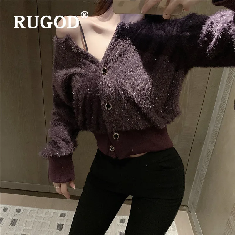 RUGOD женский свитер, новинка весны, о-образный вырез, однотонный, высокая талия, укороченные кардиганы, винтажное меховое пальто, модное, элегантное, сексуальное, тонкая туника