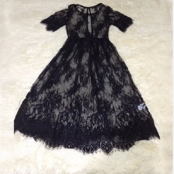 Женское кружевное платье, повседневное длинное черное с коротким рукавом и круглым вырезом, прозрачные пляжные платья - Цвет: Черный