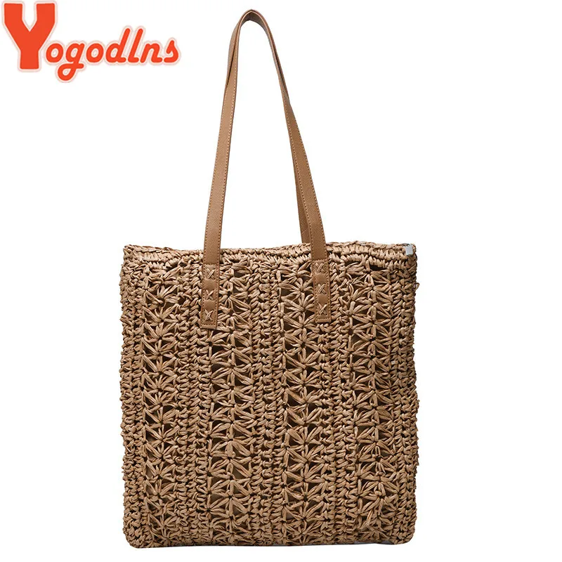 Yogodlns Summer Hollow Out Straw Bag Women Large Capacity Shoulder Bag Handmade Weave Totes Bag Travel Beach Bag Shopping Pouch