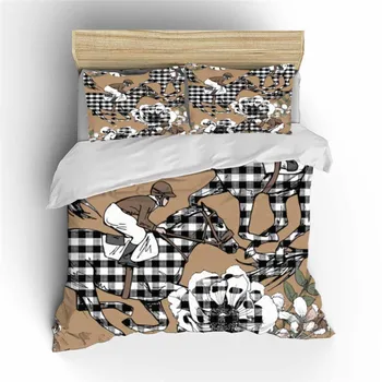 

Cartoon Black White Grid Horserace Bedding Set Bedroom Decor White Hypoallergenic with Zipper 1PC Duvet Cover with Pillowcases