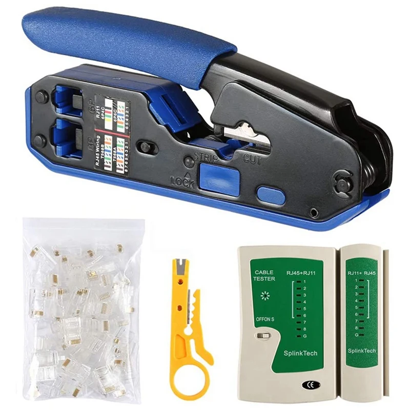 Network Cable Tester RJ45 Crimp Tool Kit CAT5 CAT5E CAT6 Crimping Tool Kit, 50PCS RJ45 CAT6 Connector Plug lan wire tester Networking Tools