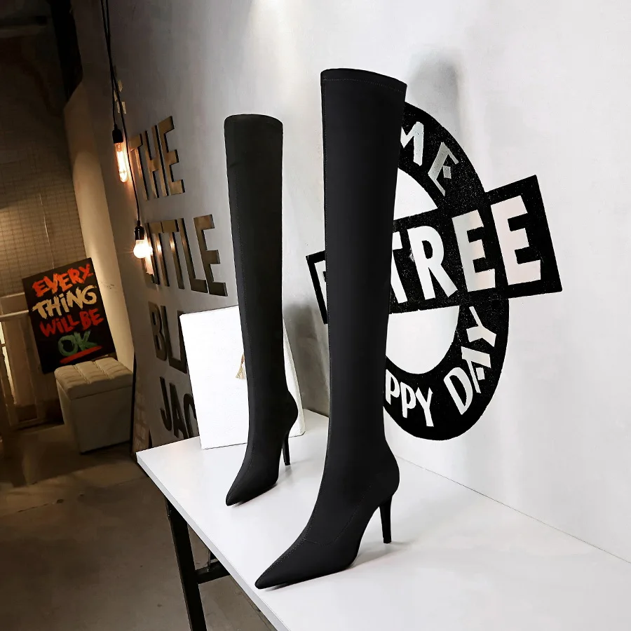 

2021 New Flock Leather Women Over The Knee Boots Lace Up Sexy High Heels Autumn Woman Shoes Winter Women Boots Size 34-40