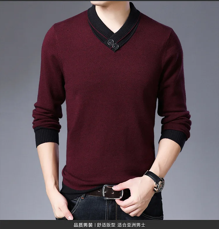 Autumn Winter V-neck Pullover Men Sweater Knitted Shirt Thick Cotton Warm Mens Robe Hombre For Male Sweater Knitted Shirt