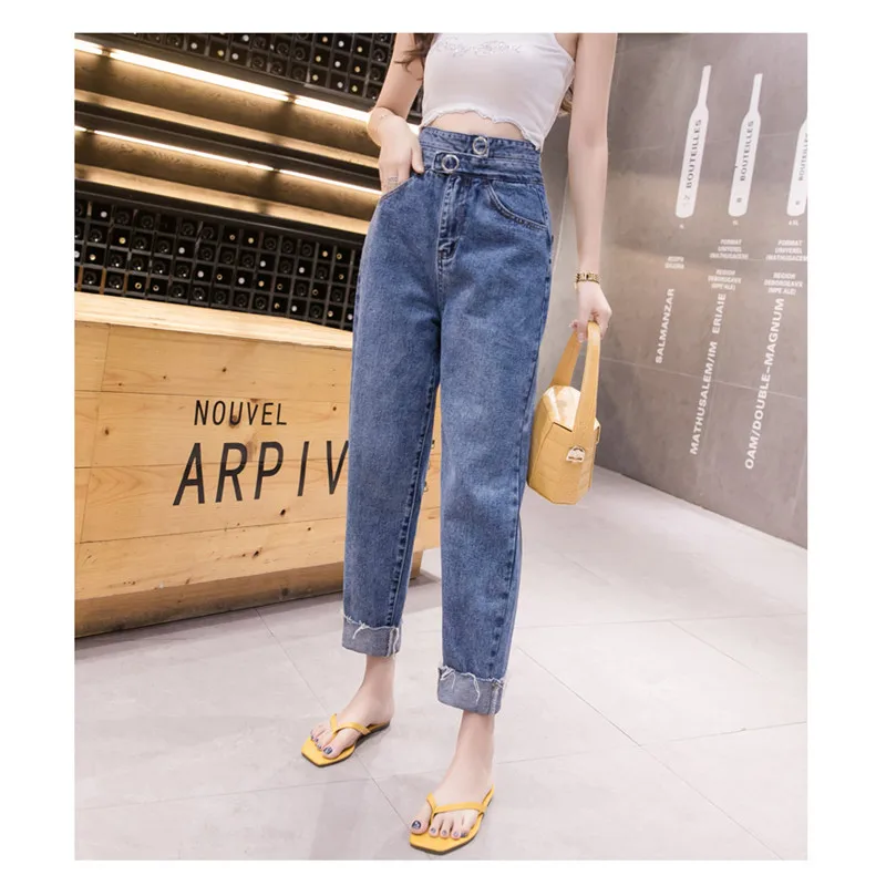 

JUJULAND Spring Plus Size Fashion Ripped Bleached Mid Waist Ankle Length Vintage Stretch Loose Harem Women Jeans 8632