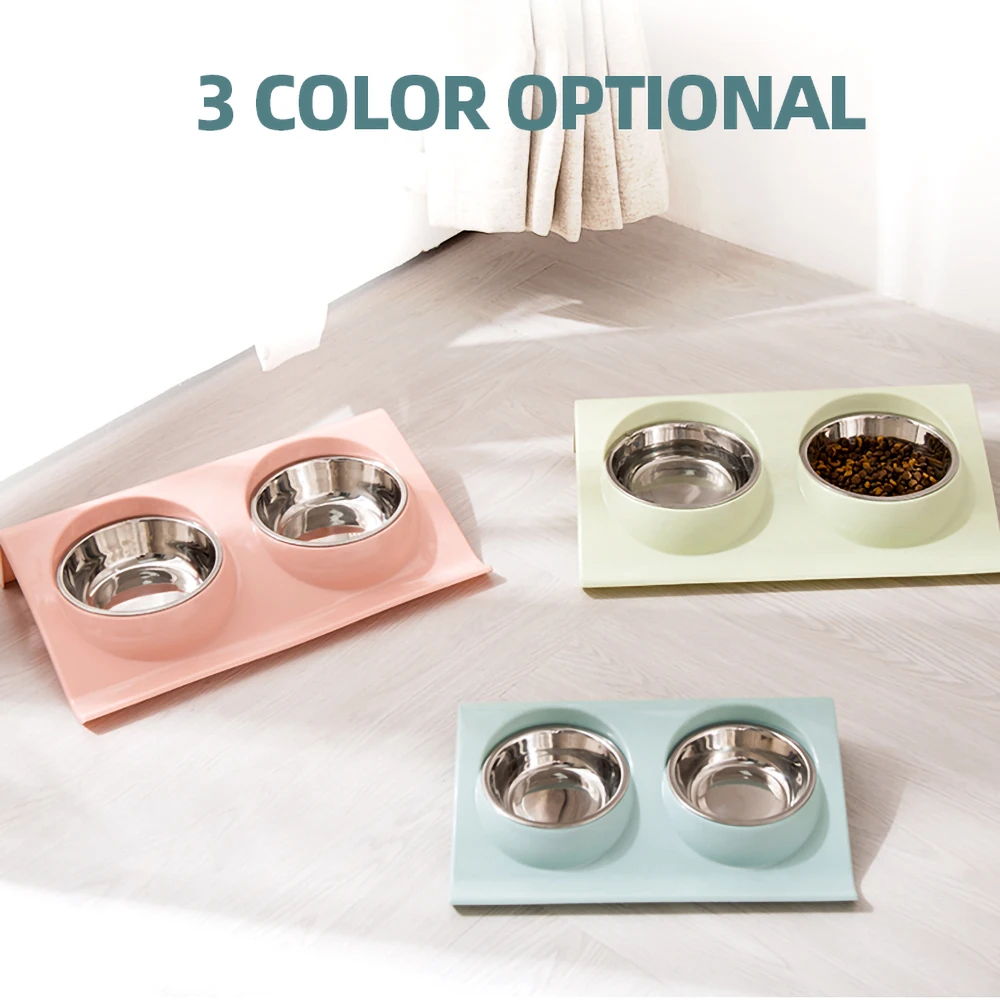 Pets Supplies Feeding Dishes Stainless Steel Double Pet Feeding and Drinking Bowls Combination Food Water Feeder for Dog Cats