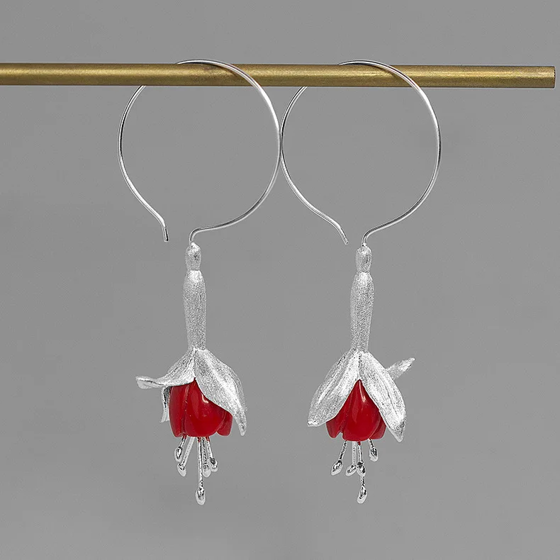 INATURE элегантный 925 пробы серебряный красный коралл цветок висячие серьги для женщин Свадебная вечеринка ювелирные изделия - Окраска металла: Silver