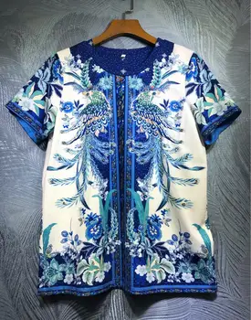 

2020 Summer runways women's brand new high quality beading T-shirts Fashion retro print Tee tops B744