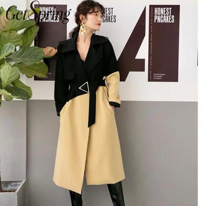 

GETSPRING Women Trench Coat Color Matching Irregular Long Winter Trench Coats Women Bandage Vintage Turndown Collar Coat 2019