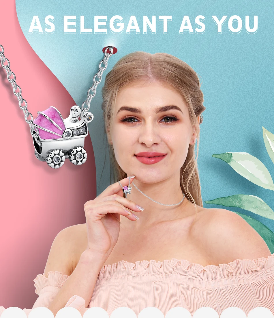 Forewe Genuine 925 Sterling Silver Pink Enamel Baby Carriage Dangle Charms fit Women Charm Bracelets Jewelry Family Gift
