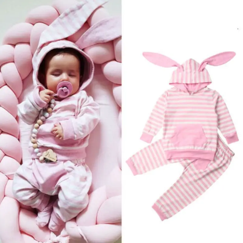 Newborn Baby Girl Clothes Stripe Rabbit Ears Even Hat Jacket Tight Trousers Pants Suit 0-24 Months