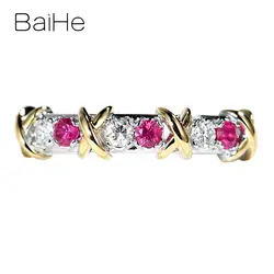 BAIHE Solid 14K белый + желтое золото 0.12ct Сертифицированный безупречный круглый 100% натуральный рубин женские модные ювелирные изделия Подарочное